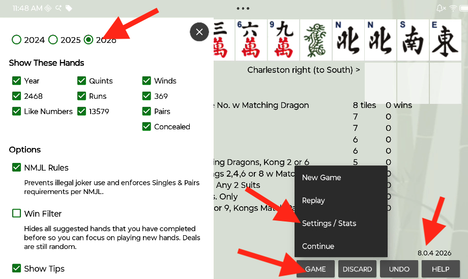Settings menu showing how to switch the year to 2026